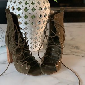 Olive Green Open Toe Block Heels